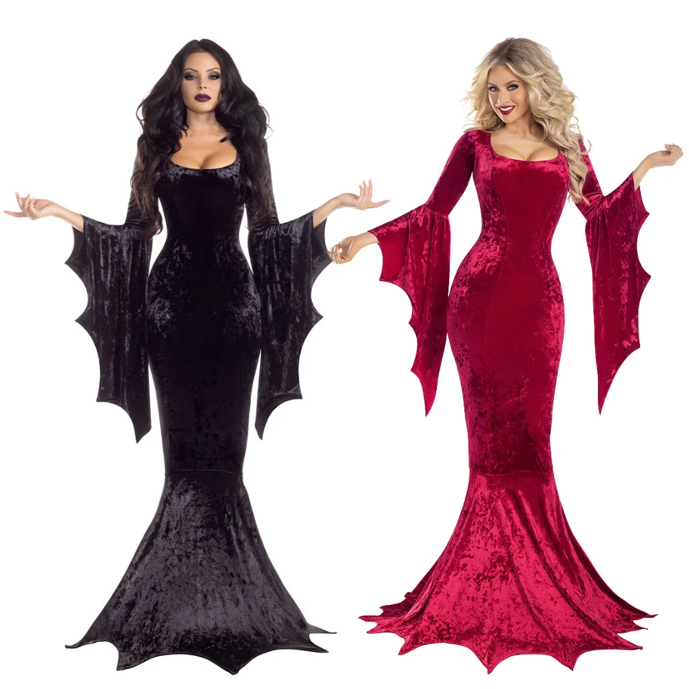 Disfraz de Bruja Morticia Addams, Vestido Largo con Cola, Atuendo Oscuro de Terror para Halloween, Túnica Gótica con Mangas de Murciélago, Horror para Adultos