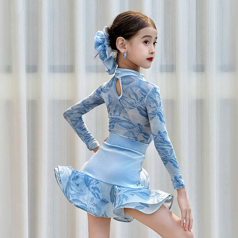 Nuovo vestito da ballo latino vestito da prestazione per ragazze Cha Cha Rumba abbigliamento manica lunga vestito da ballo blu tuta per bambini gonna set VDL4331