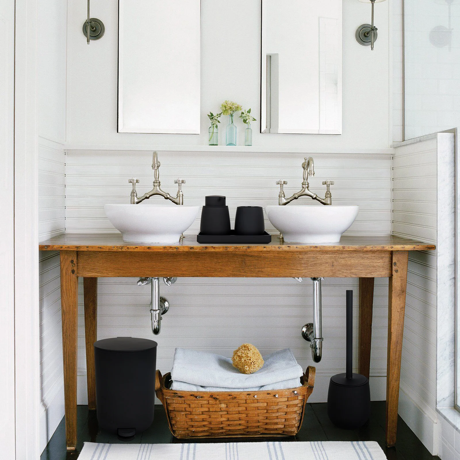5-Piece Matte Black Bathroom Accessory Set - Includes Trash Can, Soap Dispenser,Toothbrush Holder,Tray, and Toilet Brush.Bathroo