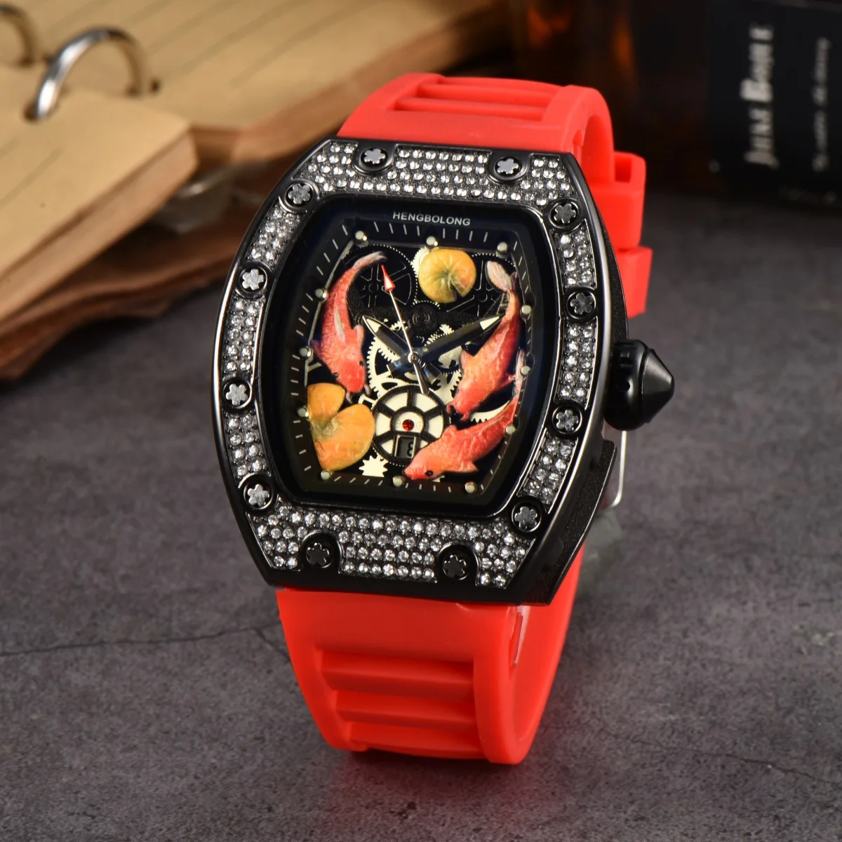 Custom OEM New Design Three koi fish Diamond Luxury Men and Women Tourbillon Automatic Non Mechanical Quartz Watch