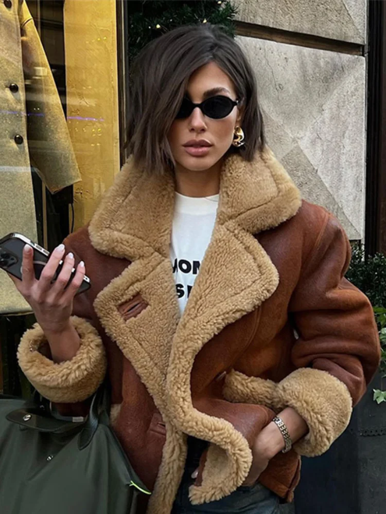 2024 Winter Thickened Spliced Furry Leather Short Jacket Fashion Single Breasted Brown With Pocket Coat Female High Streetwear