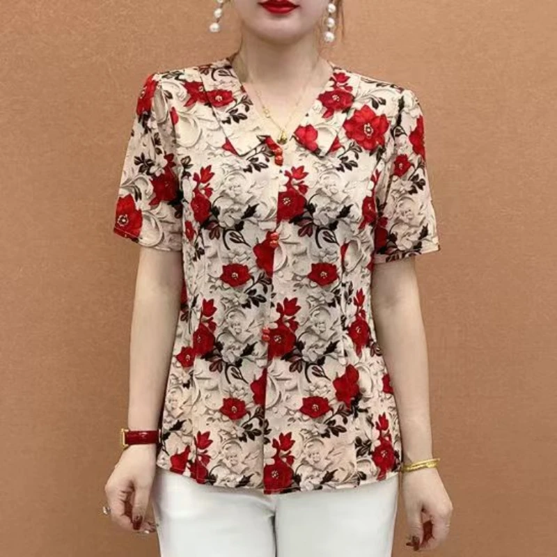 Summer New Women's Blouse lapel Neck Button Printed Ventilate All-match Elegant Loose Comfortable Three Quarter Tops image 3
