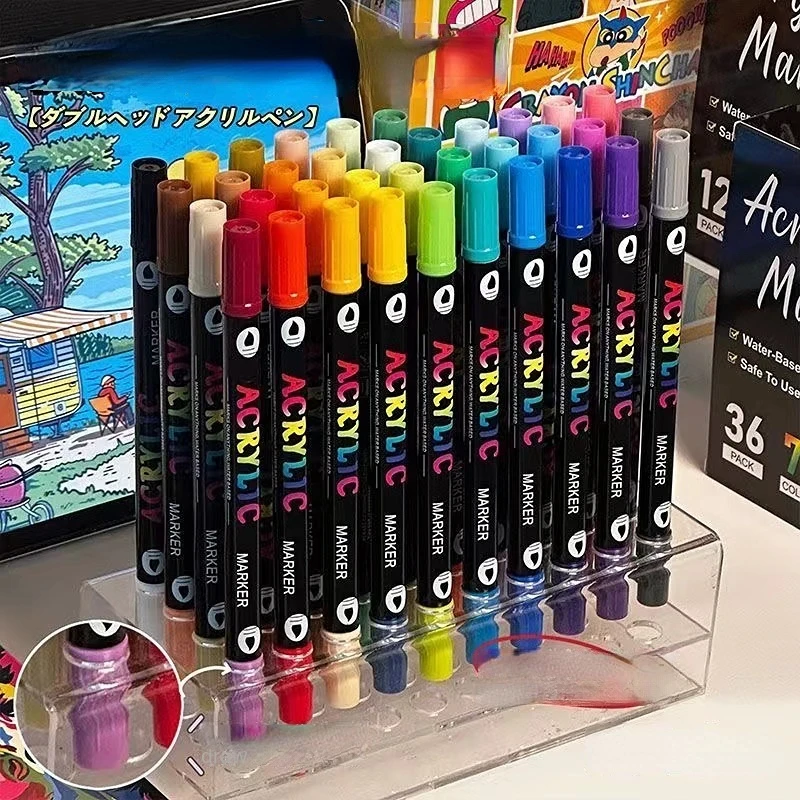 Professionelle Kunstverwendung, 24-Farben-Acrylfarben-Marker, Stifte mit feiner Doppelspitze und Pinselspitze, geeignet für Stein, Holz, Kalligraphie