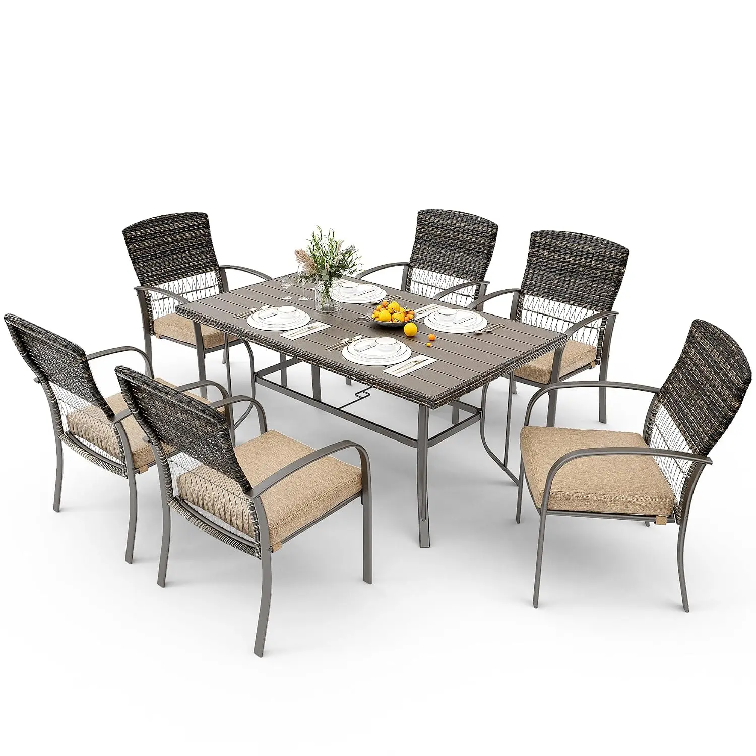 Outdoor Wicker Patio Dining Set 7 Piece Iron Slat Table Removable Cushion Backyard Garden Deck Poolside Beige, Customized