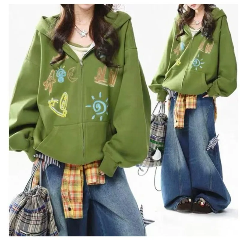 

Green American-style Vintage Graffiti Printed Hoodie for Women, New Autumn and Winter Loose Lazy Style Thickened Fleece Jacket