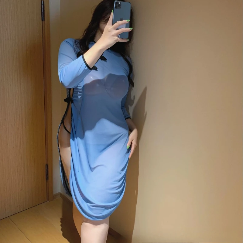 Frauen Kleid Cheongsam Chinesische Vintage Erotische Retro Traditionelle Qipao Verbesserte Kleider Sexy Perspektive Pyjamas Blau Plus Größe