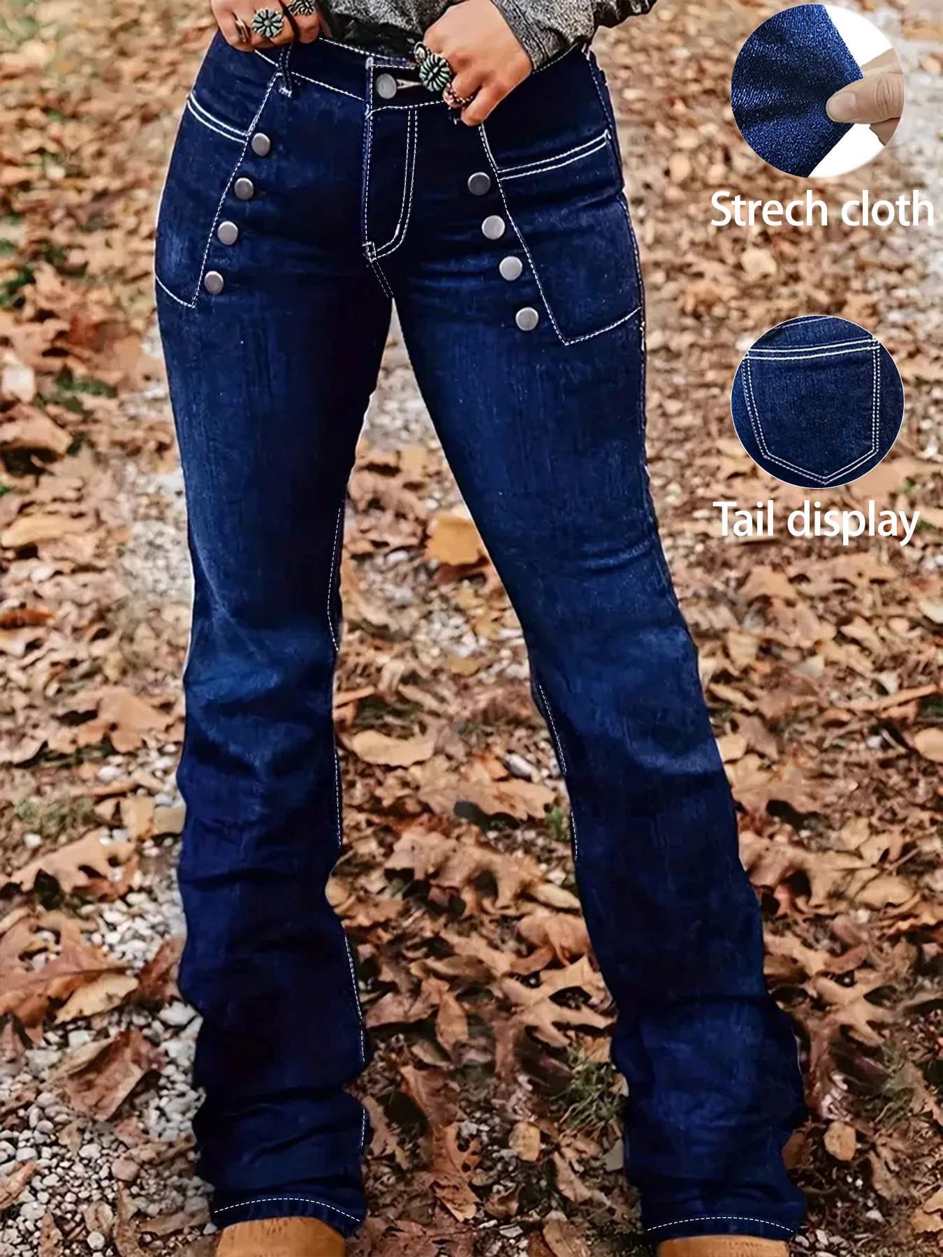 Damskie jeansy z wysokim stanem w kolorze ciemnoniebieskim z podwójnymi metalowymi guzikami po obu stronach, odpowiednie na uczelnię, do pracy i w stylu Y2K.