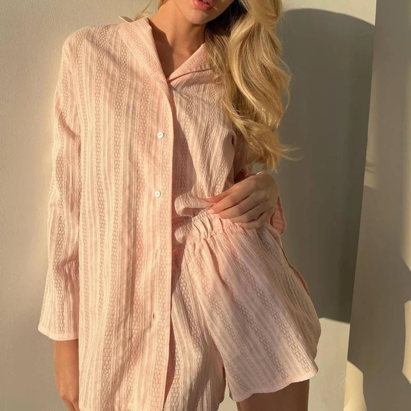 Women Pleated 2 Piece Pants Sets Spring Summer Streetwear Long Sleeve Button Down Shirt Short Pants Loose Outfits Blouses Female