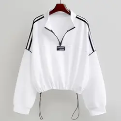 2023 New Spring and Autumn Fashion Sports Korean Edition Thin Striped High Neck Half Zip Short Elastic Oversize Women's Sweater