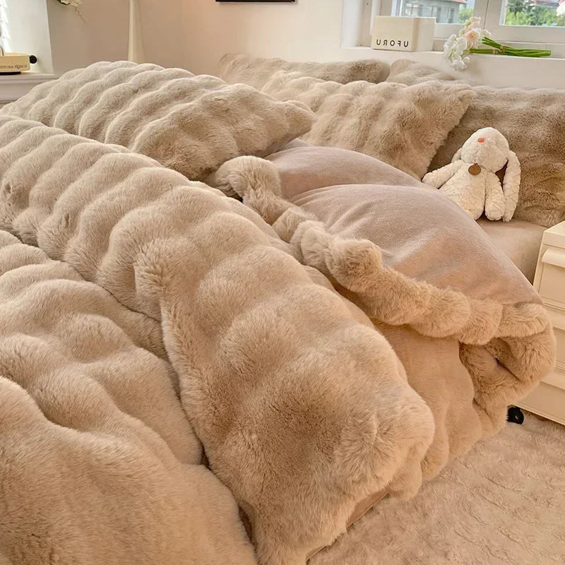 4pcs Grey Rabbit Fur Bedding Set Thick Milk Plush Winter Duvet Cover Warm Bed Sheets, Queen Size Four Piece Set  Bedroom Decor