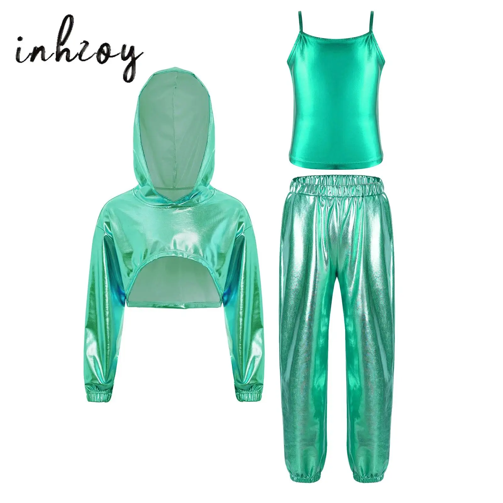 

Kids Girls Hip-Hop Jazz Dance Outfit Long Sleeve Asymmetrical Hem Metallic Cropped Hoodie+Spaghetti Straps Camisole+Pants 3Pcs