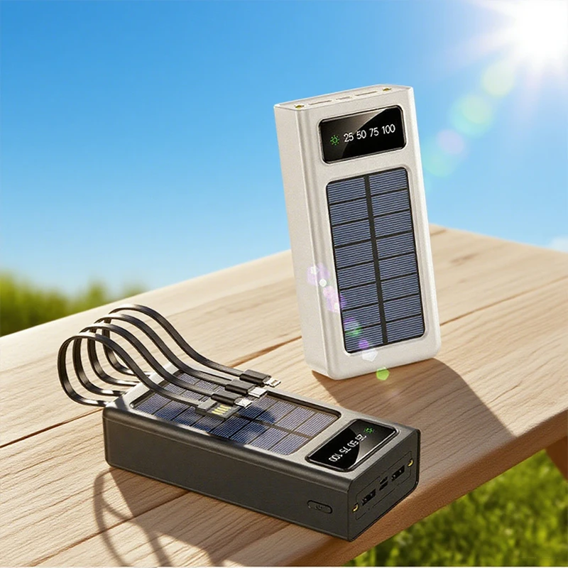 

Solar Power Bank 30000mAh Built in 4 Cable Portable Charger Powerbank for iPhone 16 Samsung Huawei Xiaomi External Spare Battery