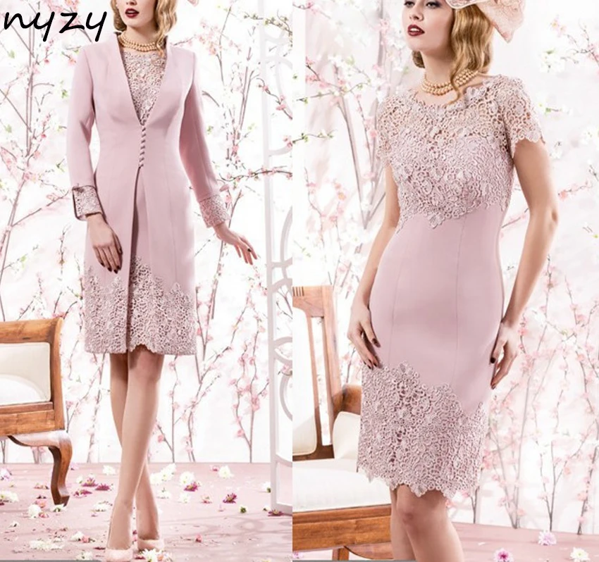 NYZY M19 Satin 3/4 Sleeves Lace Mother of the Bride Groom Dresses with Jacket Pink Church Suits Party Cocktail Birthday Gown