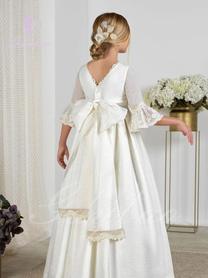 Elegantes Blumenmädchenkleid für Hochzeit, Spitze, O-Ausschnitt, Satin-Applikation, 2/3 Ärmel, Prinzessin, Kinderparty, Erstkommunion, Baby-Ballkleid