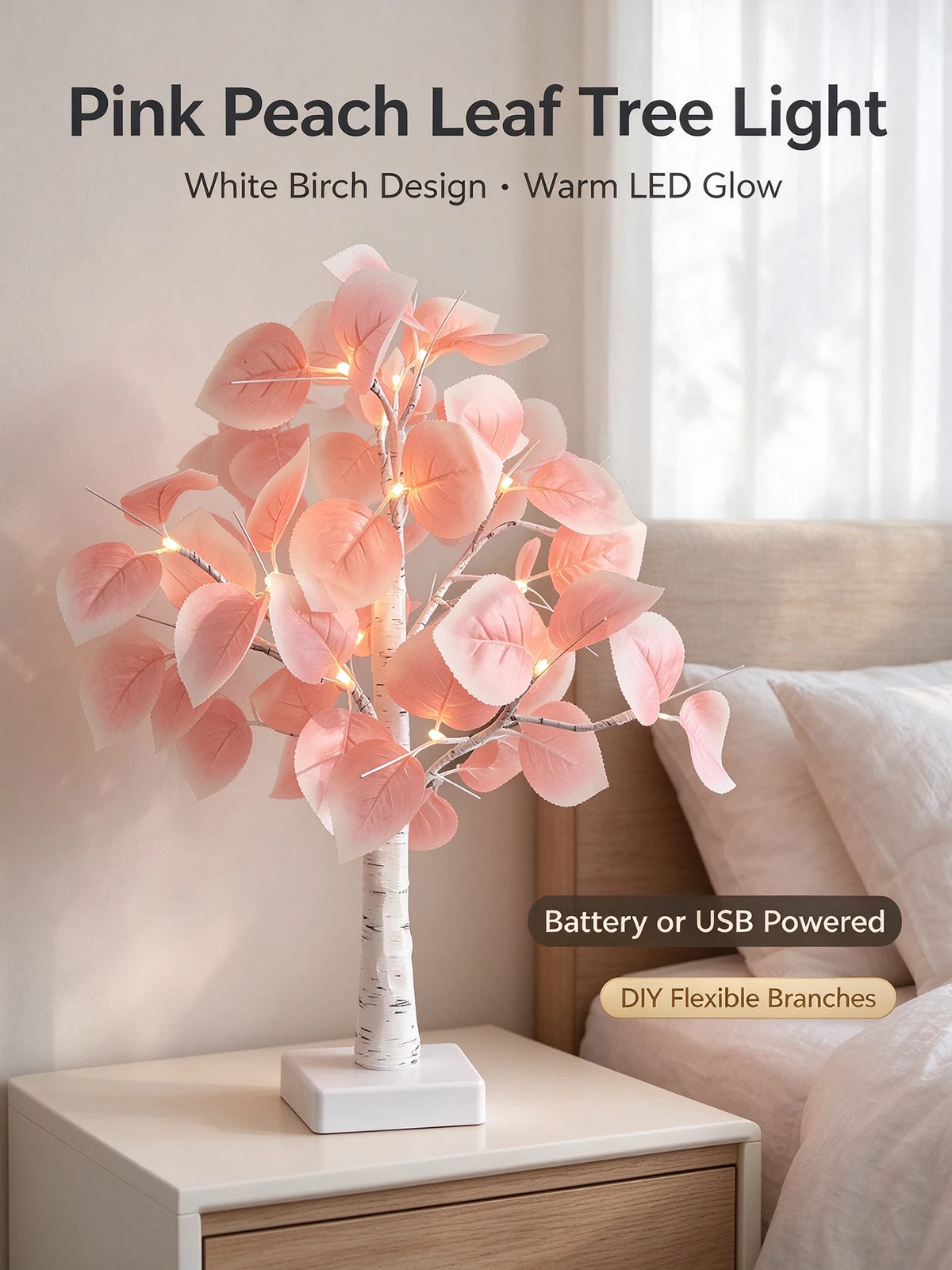 Pink Peach Leaf Birch Tree Light, Waterproof LED Table Lamp, Warm Ambient Glow, Home Garden Yard Decor, Thanksgiving Gift