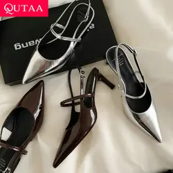 QUTAA 2024 SWomen Pumps Genuine Leather Pointed Toe Thin High Heels Fashion Shoes Woman Spring Summer Party Prom Size 34-39