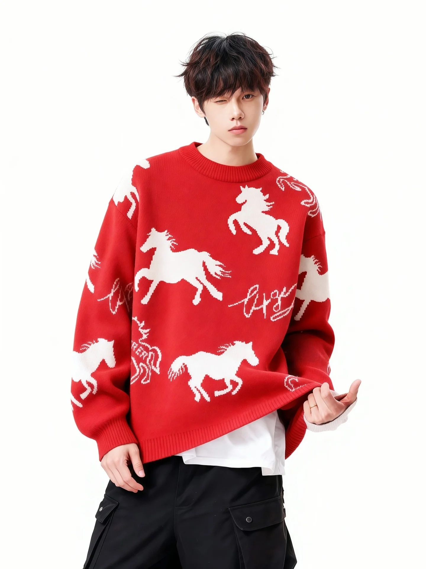 

Красный вязаный свитер с круглым вырезом и вышивкой, премиум-класса, для пар, к Китайскому Новому году (Год Зодиака), свободный крой