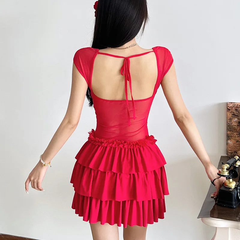 2025, novedad de verano, vestido de mujer de estilo europeo y americano, falda tutú con volantes Retro francés de Color sólido, vestido ceñido a la cintura