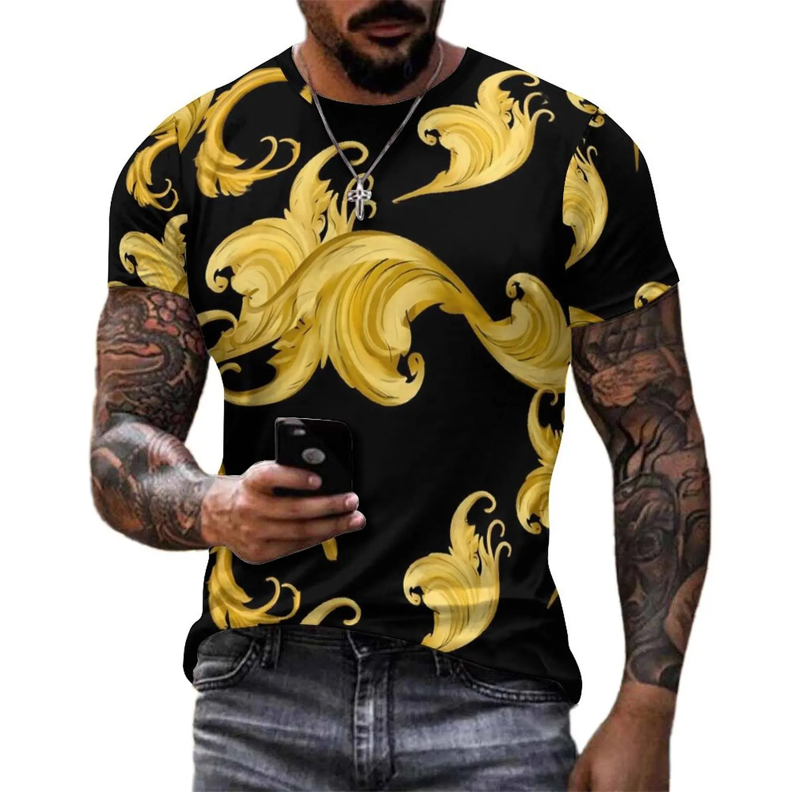 Baroque Leaf T-Shirt For Male Gold Floral Design O Neck T Shirts Beach Vintage Tops Short Sleeve Aesthetic Big Size Tee Shirt