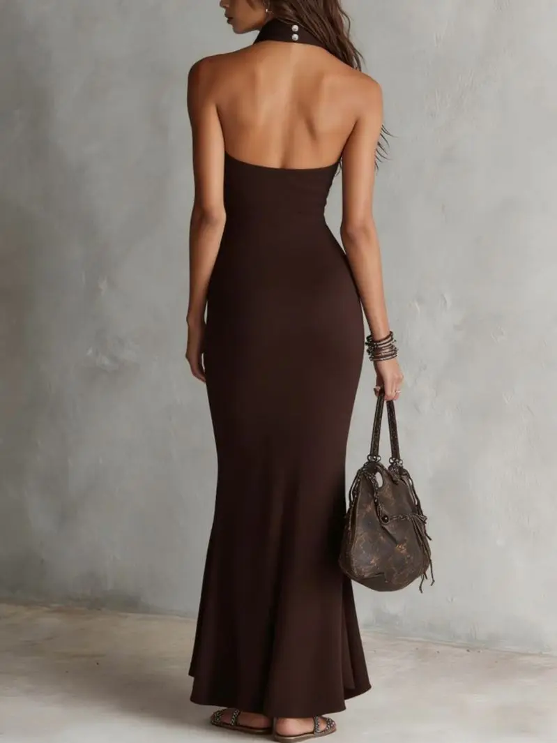 Elegant Sleeveless High Neck Long Skirt with Slit for Women Perfect for Dinner Dates And Formal Occasions