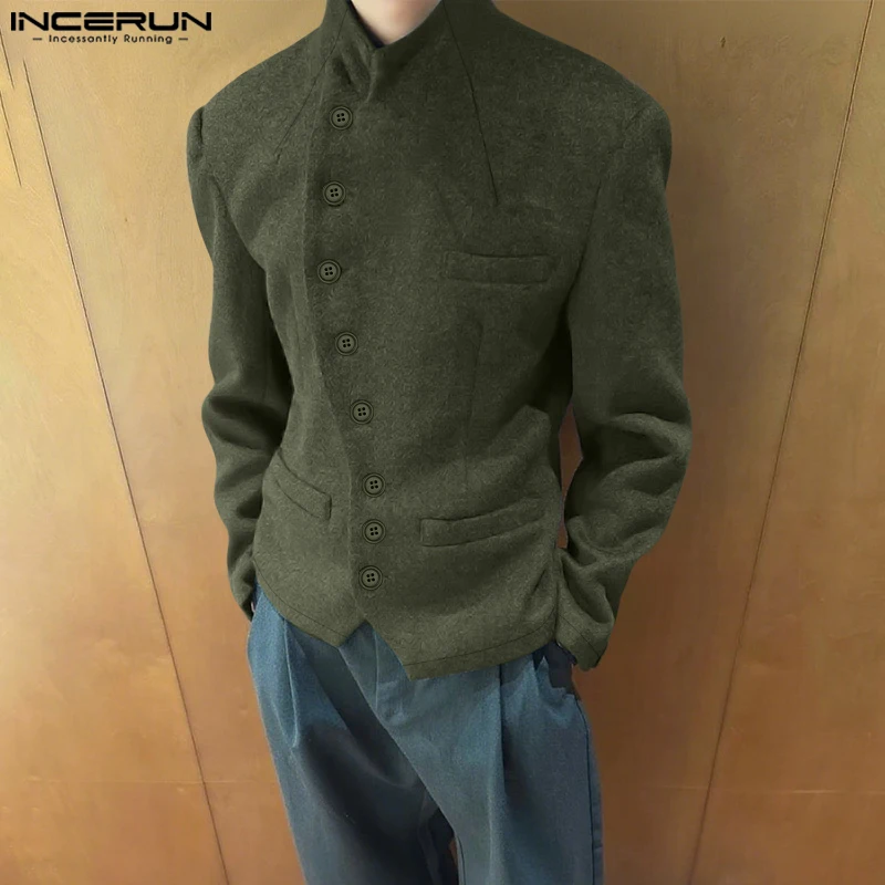 

INCERUN Men Jackets Solid Color Stand Collar Long Sleeve Button Male Coats Streetwear 2025 Fashion Casual Jackets Men Outerwear