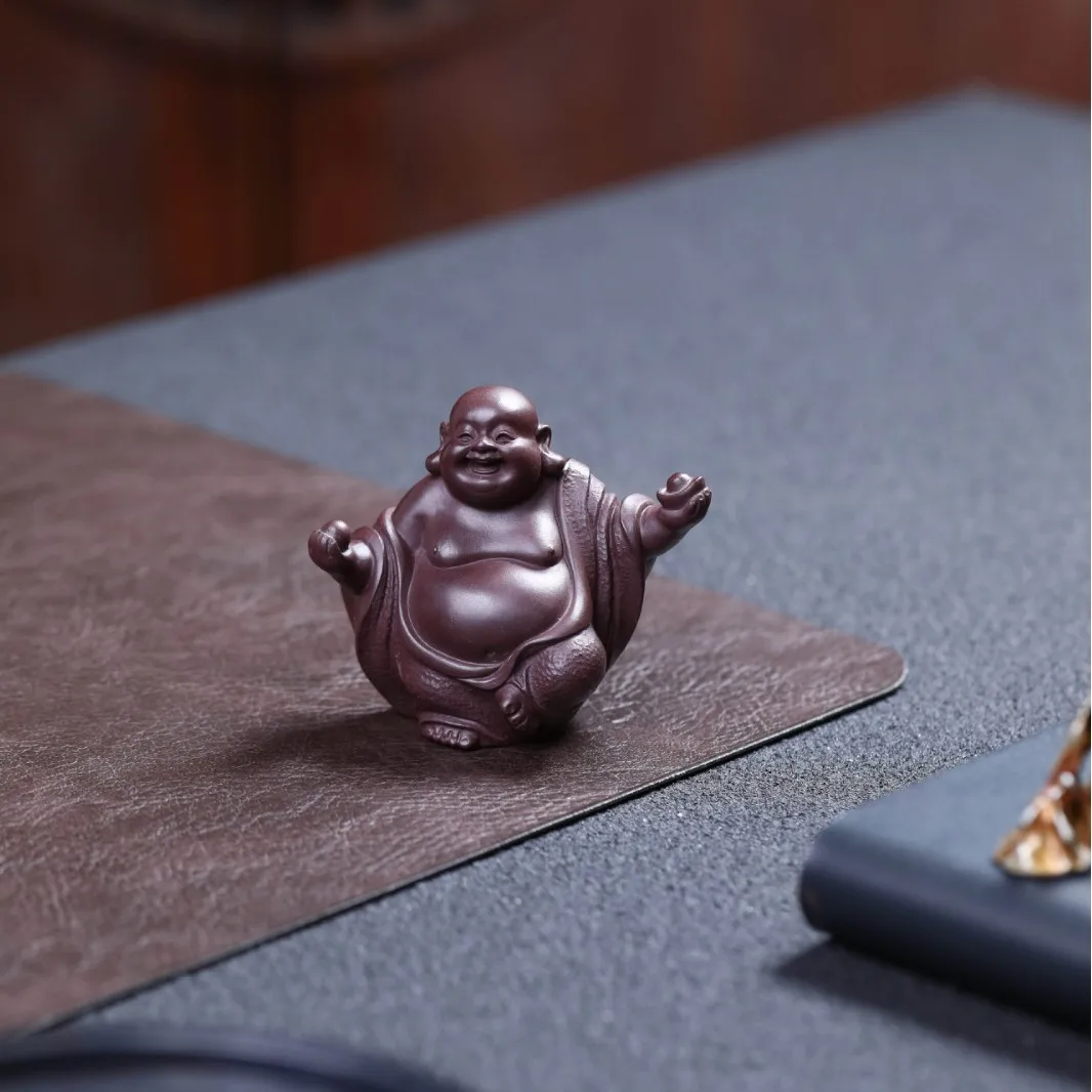 Purple Clay Pet Maitreya Buddha, Collectible Ornament, Handcrafted By A Famous Artist, Exquisite Laughing Buddha Figurine, Small view 3