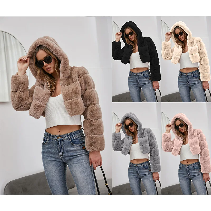 

Faux Fur Coat Women Tops Winter New Fashion Street Slim Short Hooded Jacket Solid Color Thick Warm Fur Jacket Women Clothing