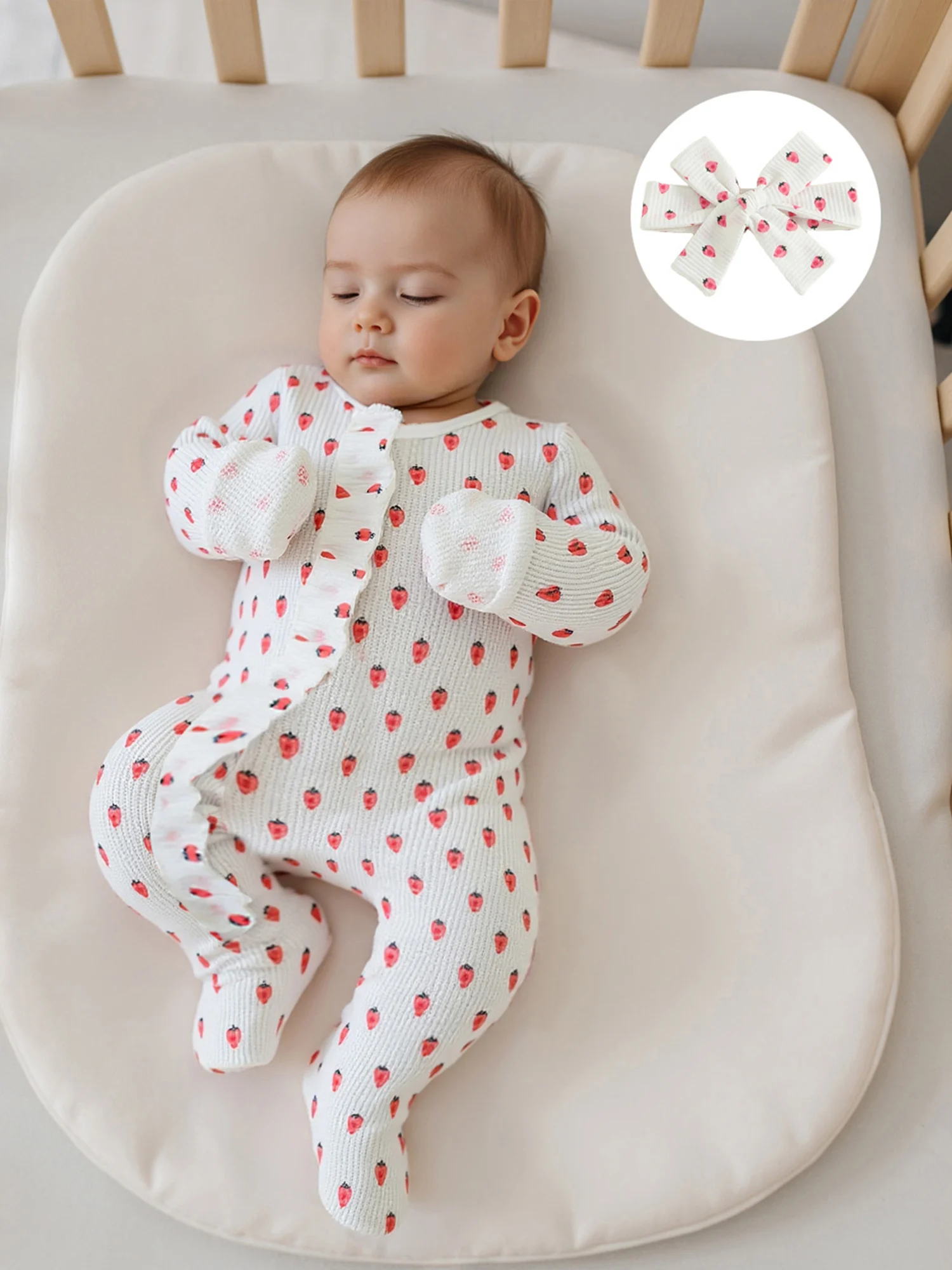 

Комплект зимней одежды из двух предметов для маленьких девочек, комбинезон с длинными рукавами и круглым вырезом с цветочным принтом и подходящей повязкой на голову с бантом