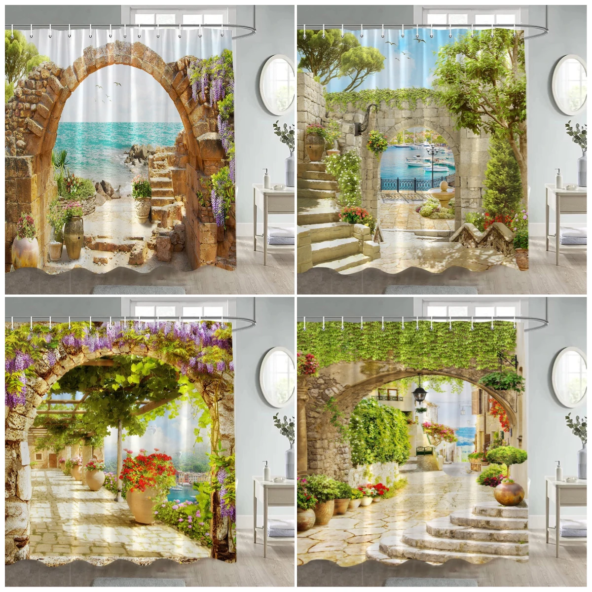 

Italian Street View Shower Curtain Vintage Town Arch Floral Plant European Style Scenery Home Bathroom Curtains Decor with Hooks
