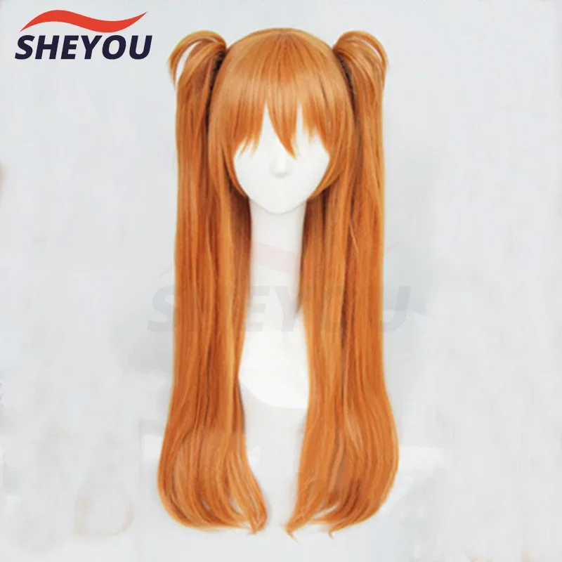 High Quality Hair EVA Asuka Langley Soryu Long Orange Heat Resistant Cosplay Costume Wig With 2 Ponytail Clips   Headwear