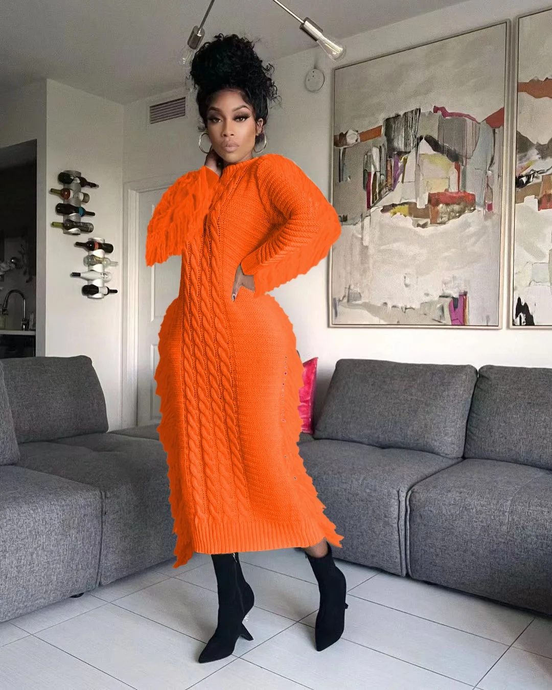 Women Long Sleeve Tassel Bodycon Midi Knit Straight Maxi Dress 2023 Autumn Winter O-neck Sweater Vestidos Dresses