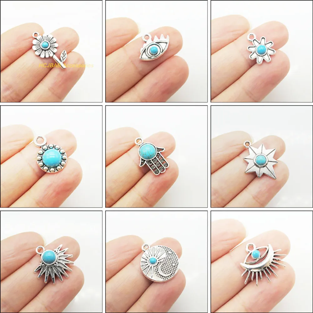New Retro Plam Leaf Sun Eye Moon Star Flower Charms Antiqued Silver Plated Turquoise Pendants For Gifts Jewelry