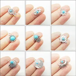 New Retro Plam Leaf Sun Eye Moon Star Flower Charms Antiqued Silver Plated Turquoise Pendants For Gifts Jewelry
