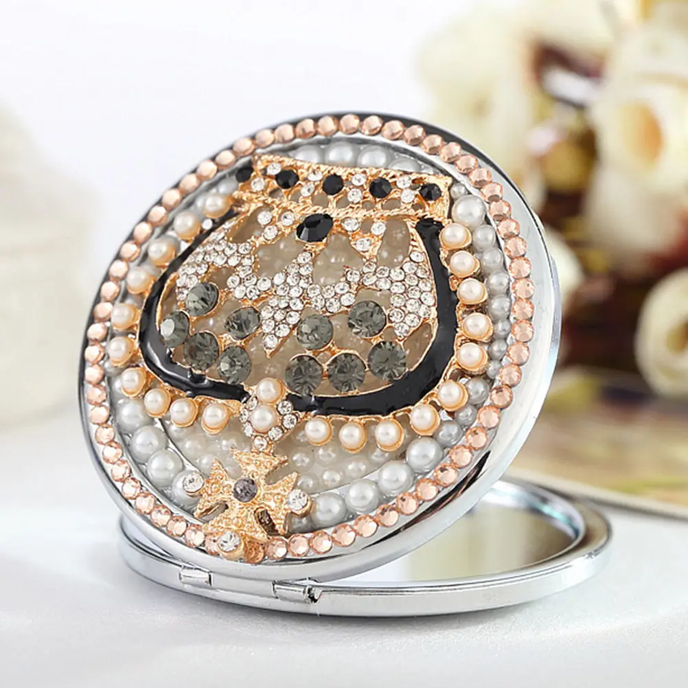 

1Pcs Round Rhinestone Crown Folding Portable Makeup Mirror Double Sided Small Magnifying Mirror for Women Travel