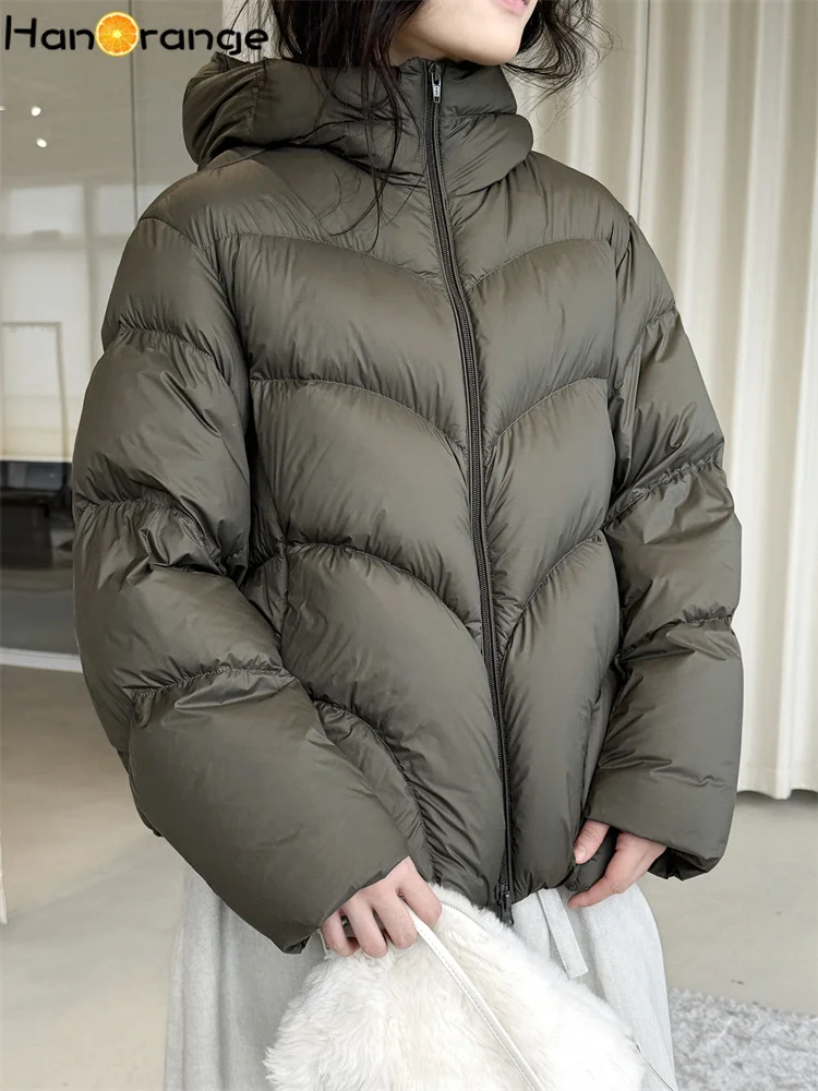 

HanOrange 2025, зимние простые модные парки на белом утином пуху с завязками, женская свободная теплая куртка с капюшоном, бежевый, белый/серый, коричневый