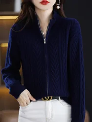 Cardigan chaud à manches longues pour femmes, 2024 laine mérinos, pull en tricot avec fermeture éclair, manteau de haute qualité, mode printemps et automne, 100%