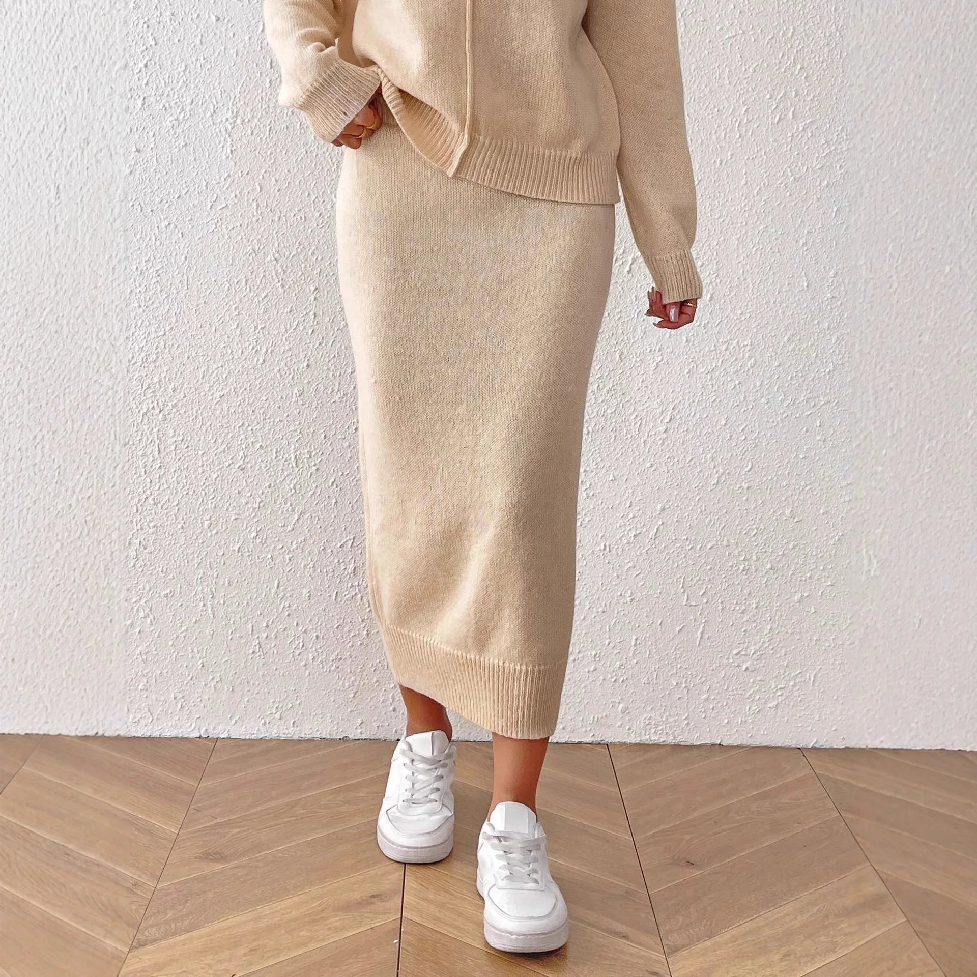 Jupe de hanche décontractée pour femmes européennes et américaines, couleur unie, jupe pull tissée mi-longue