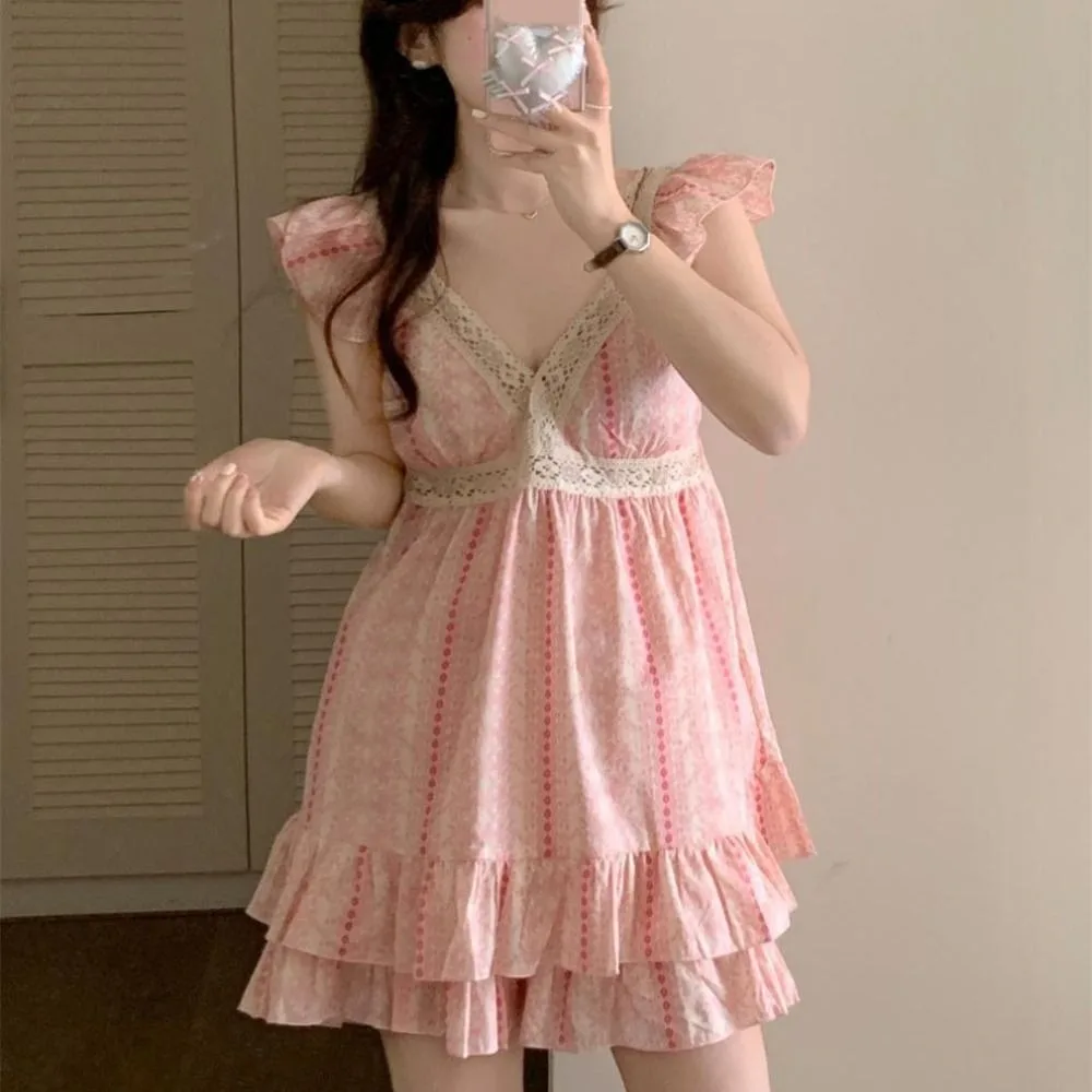 

Striped Suspender Shorts Pajamas Ruffle with Chest Pad Two Piece Nightwear Lace V-Neck Loose Women's Sleepwear Sets Sleeping