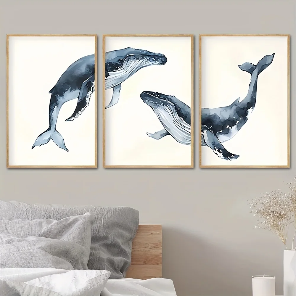 （NOframe 3PCS）-(Canvas Poster Unframes)3pcs[Unframed Canvas Whale Trio Print]Whale Trio Canvas Art Print - Set of 3 Humpback