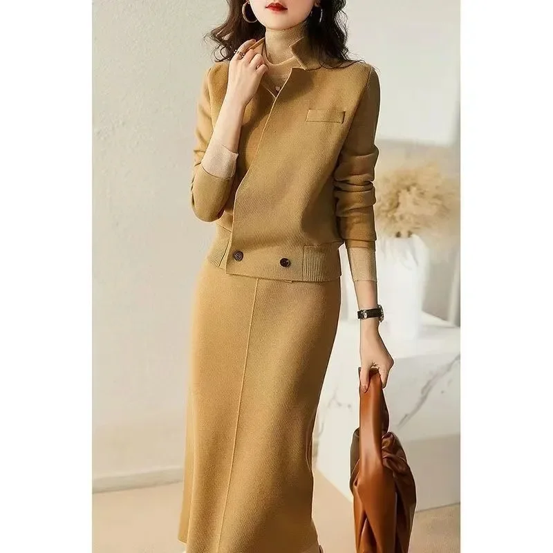 

High Quality Autumn Wear With Complete Set Fashion Lady Jacket Skirt Winter Knit Two-Piece Set Sweater+Pant Suits Navy JJ971