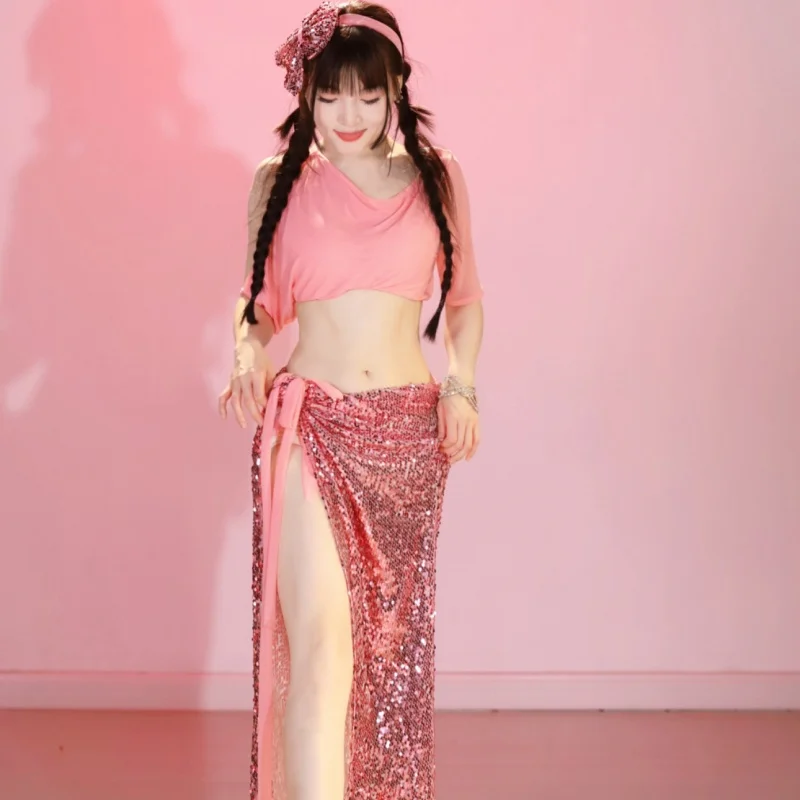 

Новый наряд для танца живота для женщин, сексуальный сетчатый топ и длинная юбка с блестками для пожилых людей, костюм для соревнований по восточному танцам