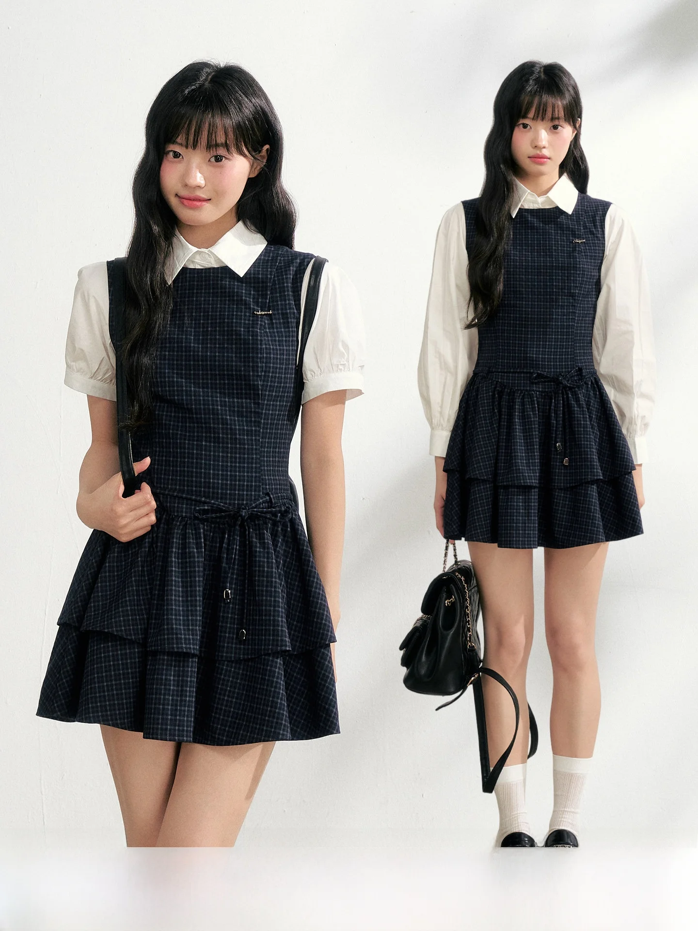 

NANGOON Metal Pendant Sleeveless Women's Dress Shirt Set Spring New Style Decorative Layered Gingham Wrap Waist Ensemble