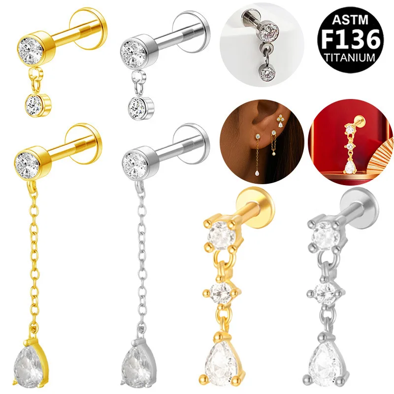 Korean Internal Thread Stud Earrings G23 Earbone Stud Inlaid Zircon Chain Titanium Alloy Lip Stud Lip Decoration