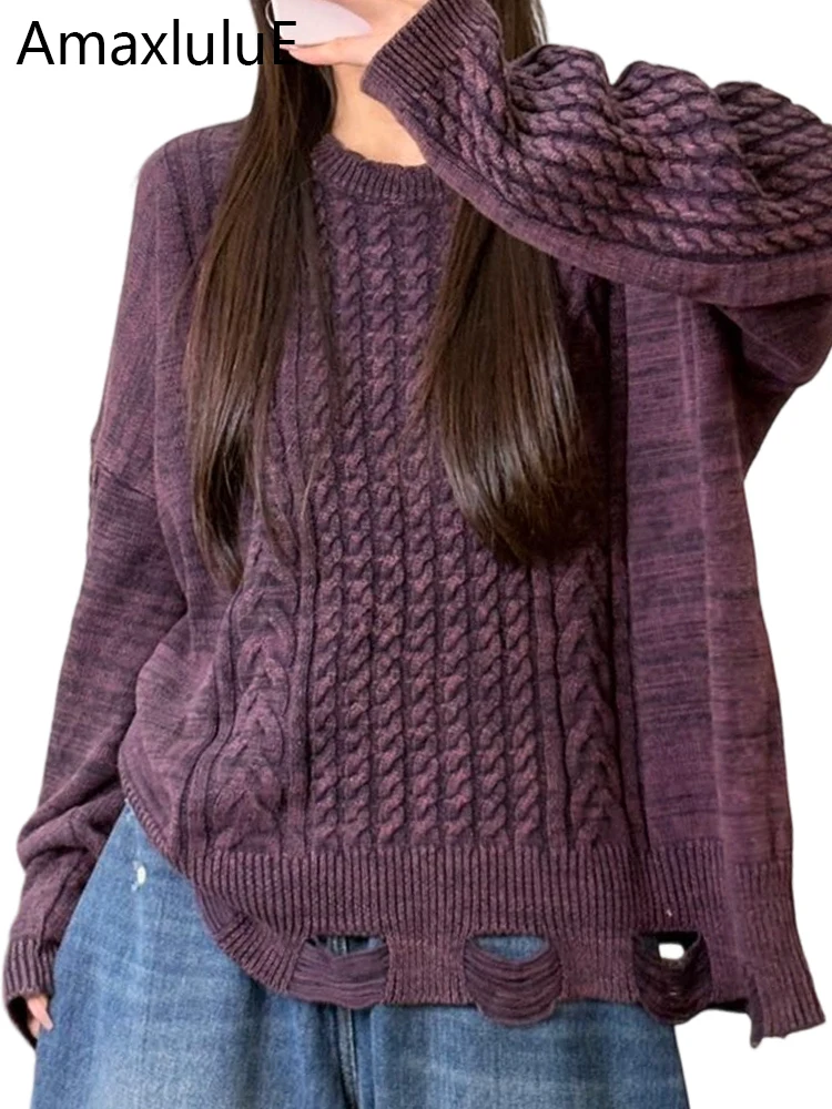 

Amax LuluE Korean Winter Knitted Pullover Women Fashion Loose Holes Warm Sweaters Ladies Classic Casual Oversized O Neck Jumpers