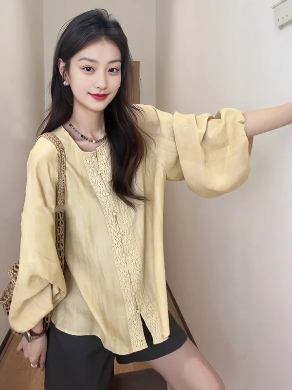 

Elegant Lightweight Long Sleeve Women's Shirt Chinese National Style Loose Fit Breathable Comfortable plus Size Business Casual