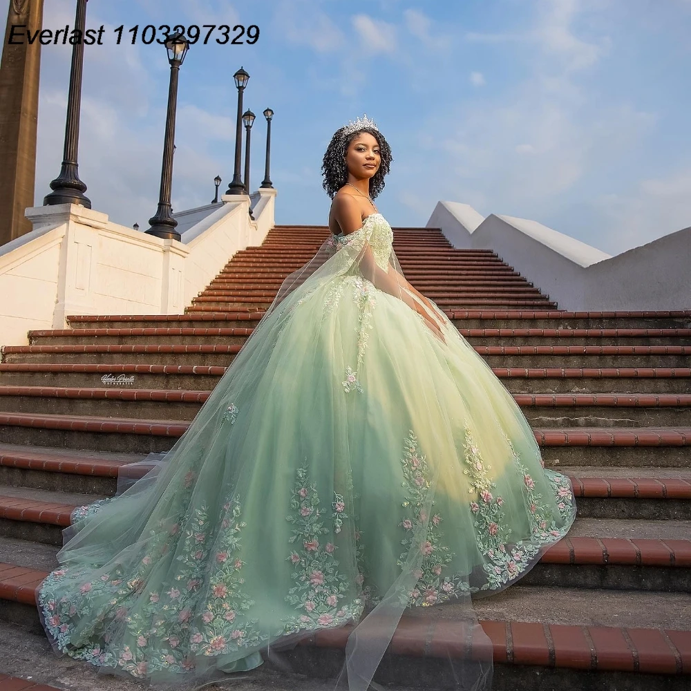 EVLAST Customized Shiny Sage Green Quinceanera Dress Ball Gown Floral Applique Beaded Cape Sweet 16 Vestido De 15 Anos QD1181