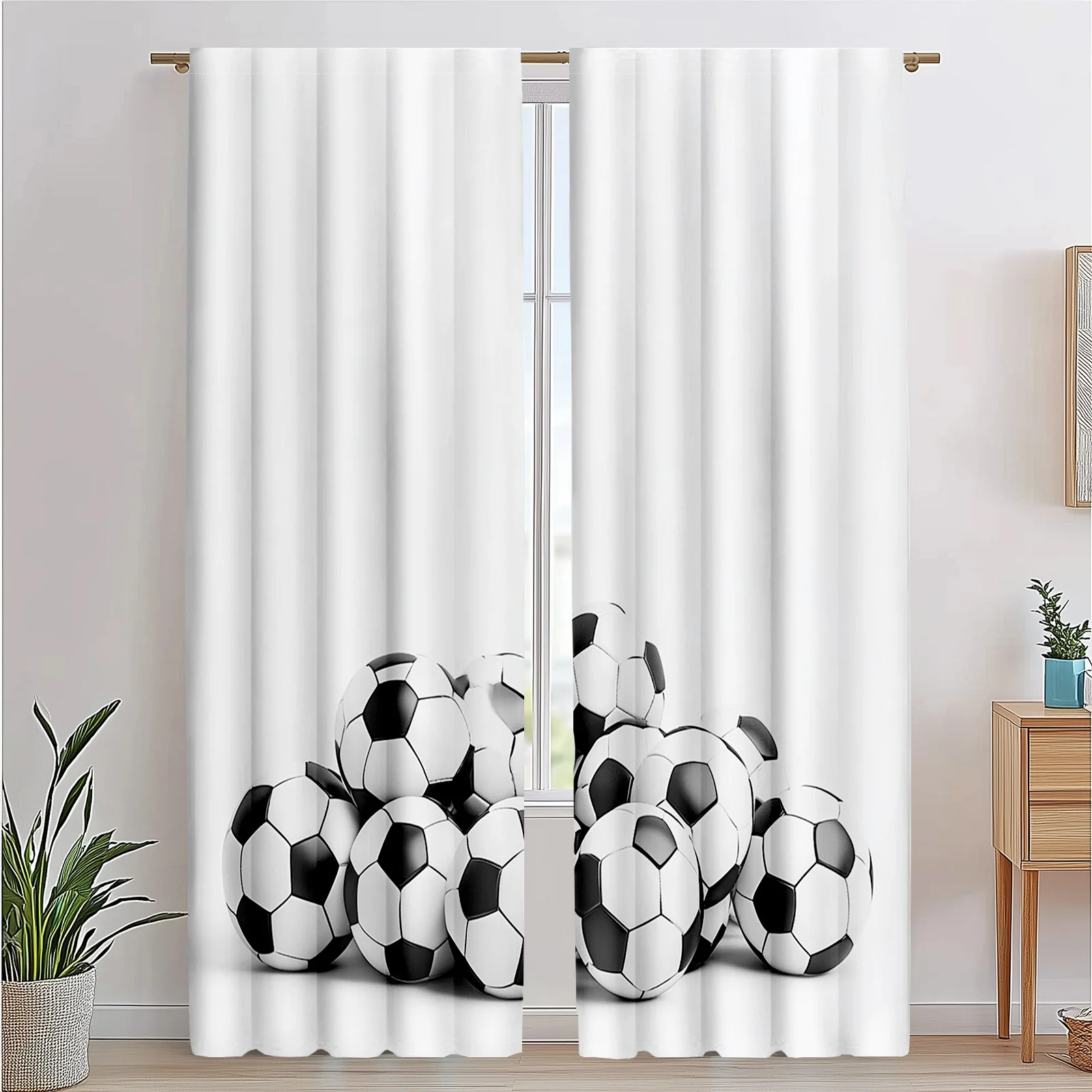 Stylish Football Pattern Curtains Black and White Soccer Ball Print Drapes for Living Room Bedroom Sporty Geometric Window