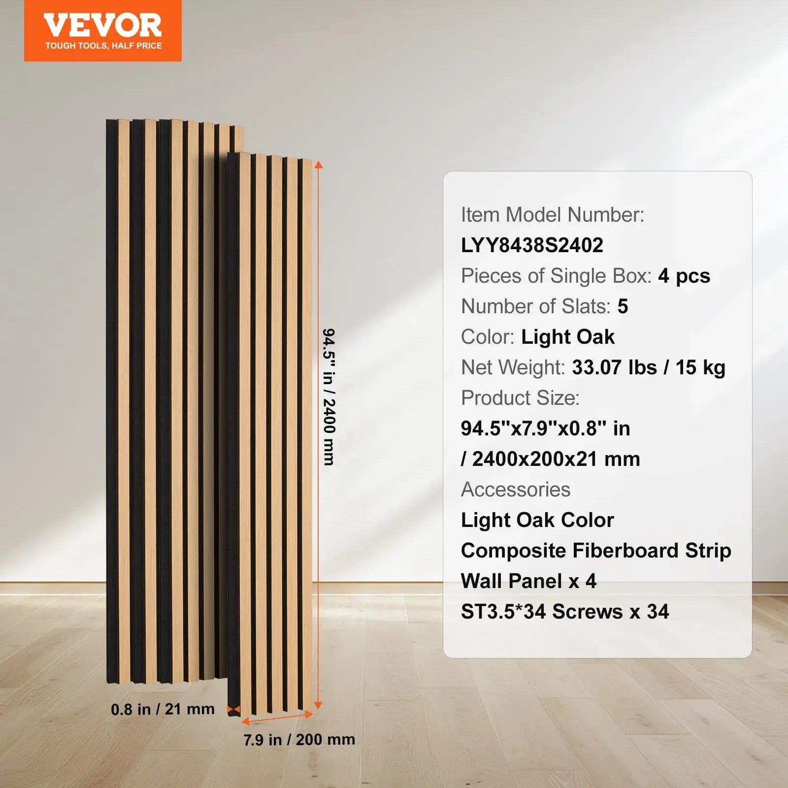 4 PCS Wood Slat Acoustic Panels 7.9 x 94.5 inch for Modern Wall Decor Light Oak