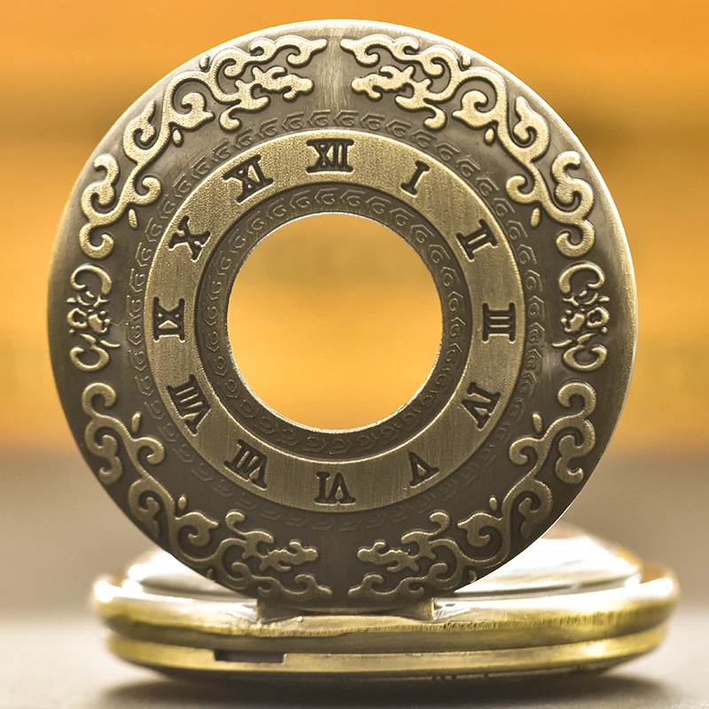 Vintage Glamour Bronze Unisex Fashion Roman Numerals Carved Quartz Steampunk Pocket Watch Women Men Necklace Pendant Chain Gift