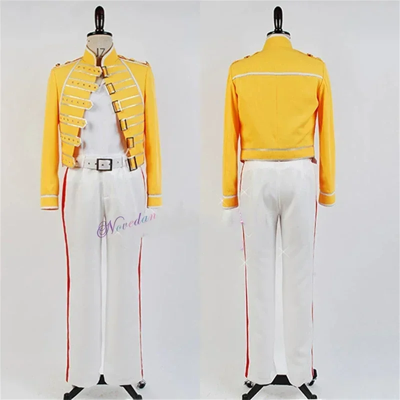 Cos Queen 리드 보컬 프레디 머큐리 코스프레 코스튬, DJ 가수 볼룸 댄스 무대, 노란색 재킷 코트, 셔츠 바지 전체 복장